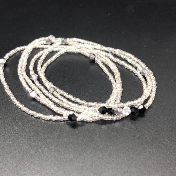 Hand Crafted Jewelry - Multi Strand Tiny Silver Glass Seed Beads Stretch Stacking Beaded Bracelets